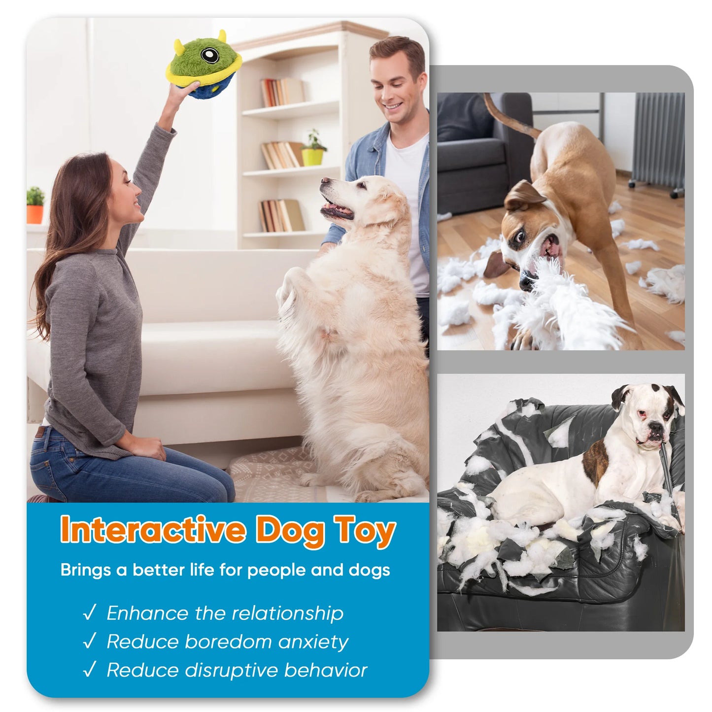 Interactive Dog Toys Ball Self Moving Rolling Balls Plush Dog Toys for Small and Medium Dogs, UFO Bobby