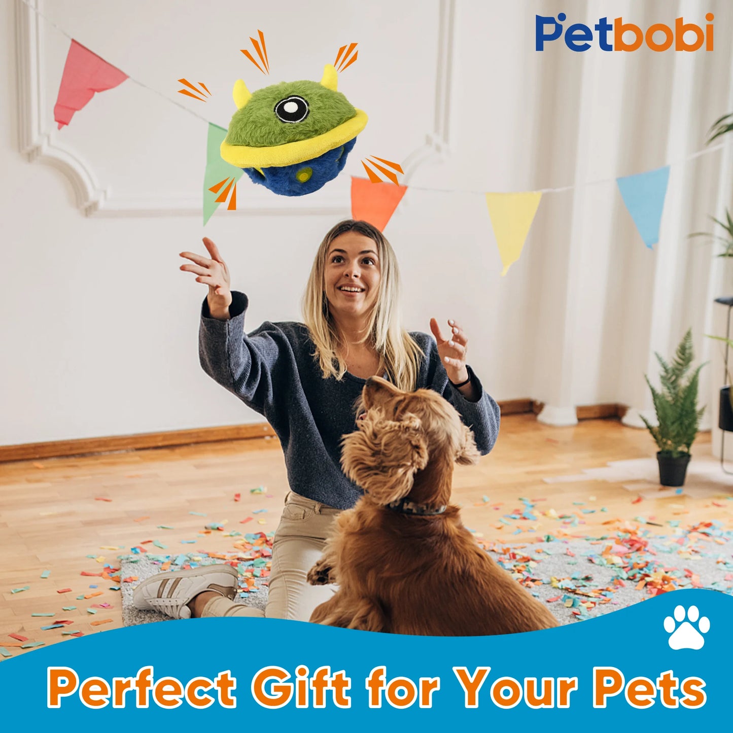 Interactive Dog Toys Ball Self Moving Rolling Balls Plush Dog Toys for Small and Medium Dogs, UFO Bobby