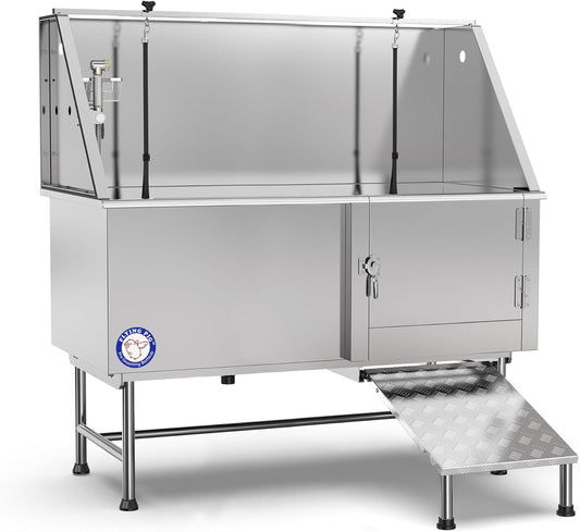 62" Stainless Steel Pet Dog Bath Tub with Faucet (Right Door/Left Drain), 62 X 27 X 58